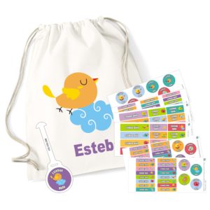 Combinado etiquetas + mochila Pajaritos-0